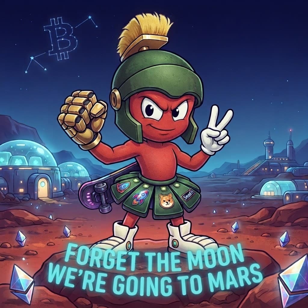 Milo the Gen-3 Martian Synthezoid standing on the Martian surface with his skateboard beneath a neon-lit colony skyline