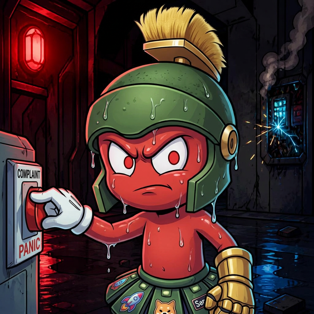 Close-up of Milo's annoyed face, water dripping off his dome head and glowing antennae