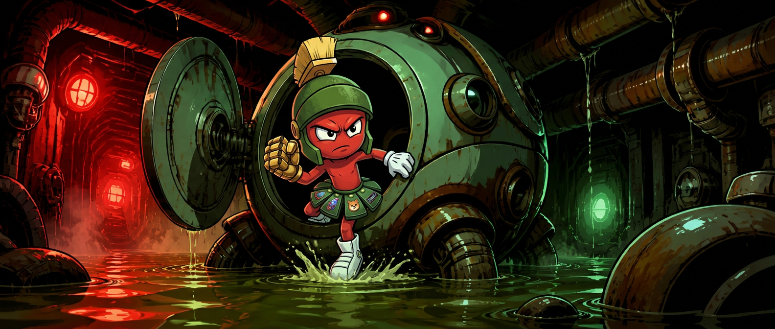 Milo the Martian synthezoid climbing out of his maintenance pod into a flooded, strobe-lit corridor on Mars